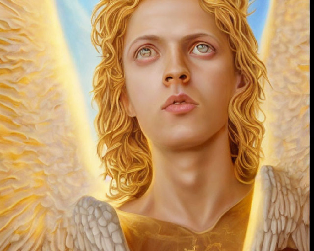 Golden-haired angel with wings holding a cross under heavenly light.