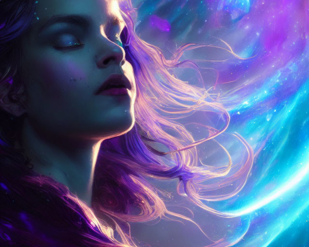 Ethereal woman with crown in cosmic nebula backdrop