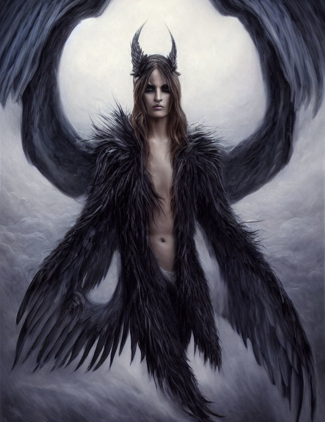 Black-winged figure with horns in misty setting radiates mystical vibe
