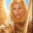 Golden-haired angel with wings holding a cross under heavenly light.