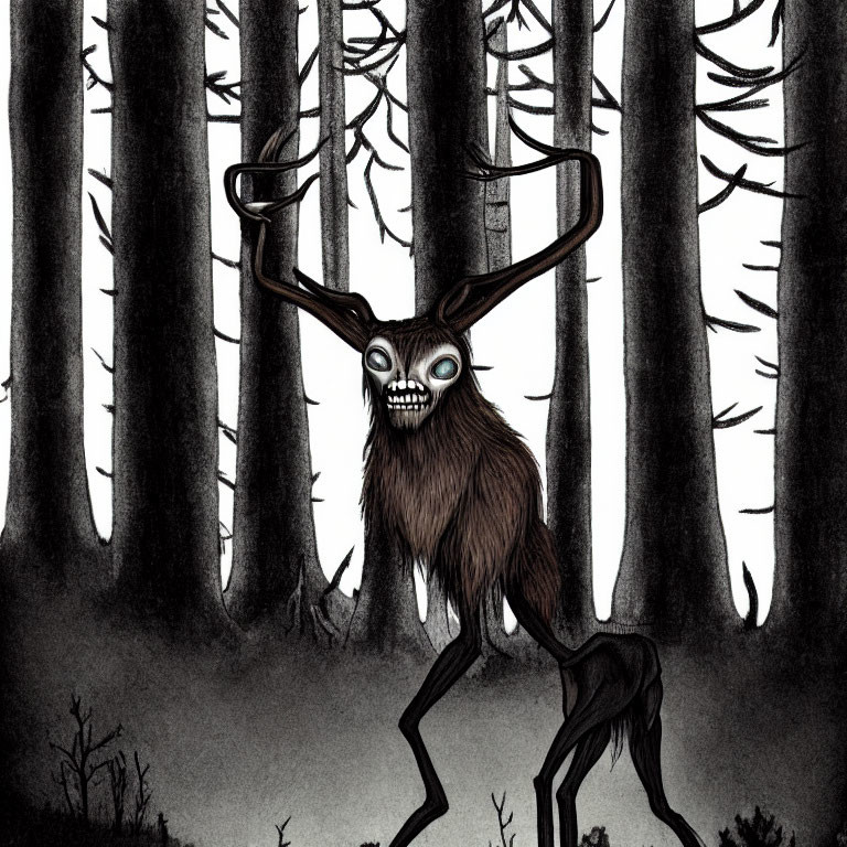 Sinister creature with antlers, glowing eyes, and sharp teeth in dark forest
