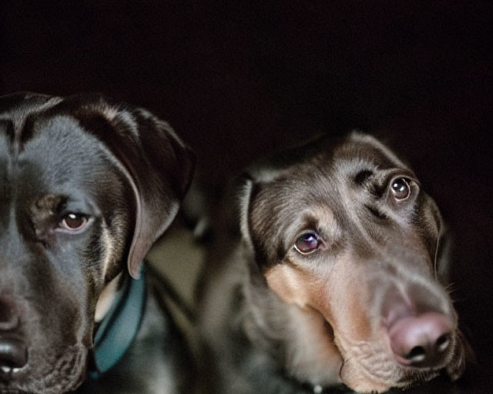Labrador Retrievers: Chocolate and Black with Soulful Eyes in Dimly Lit Setting