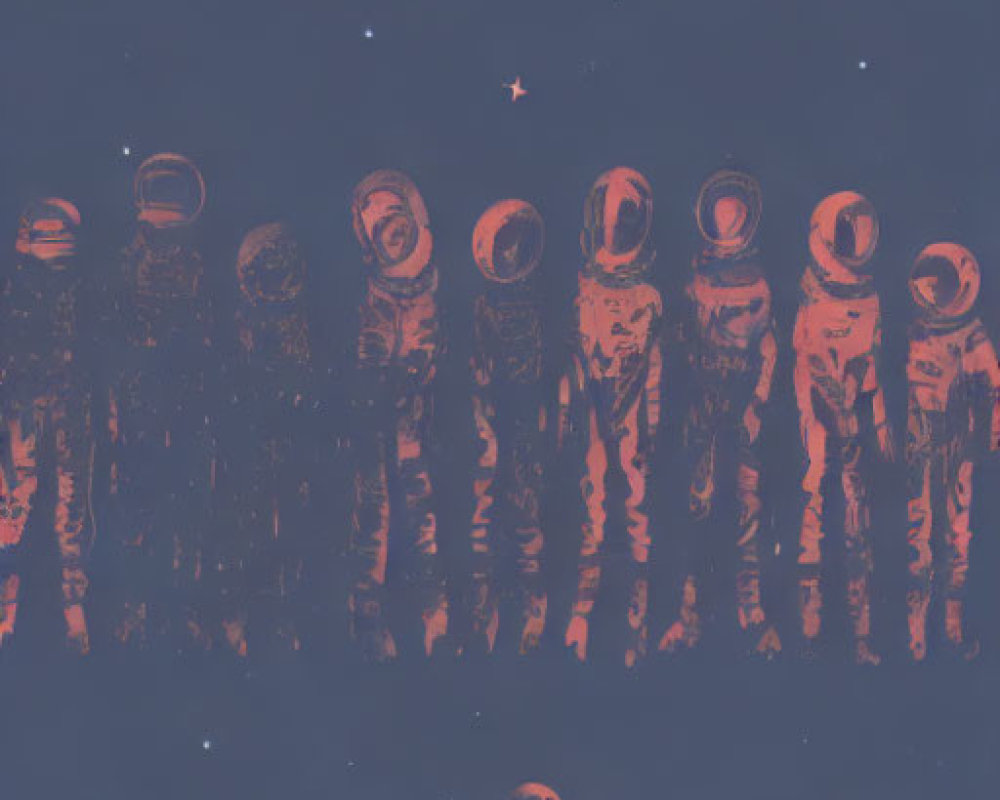 Row of Astronauts in Space Suits Against Starry Space Background