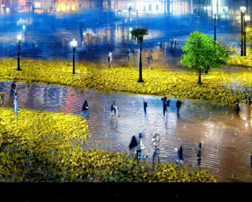 Colorful reflections on wet pavement in rainy night cityscape with silhouettes of people holding umbrellas