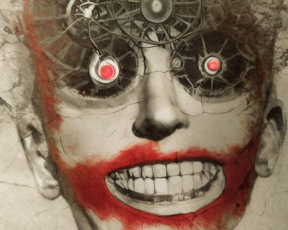 Surreal artwork featuring face with mechanical gear eyes and red clown-like smile