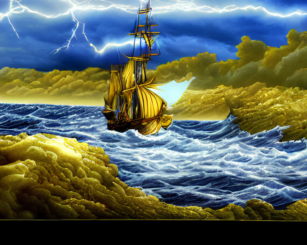 Stormy seas: ship navigating turbulent waves under lightning-filled sky