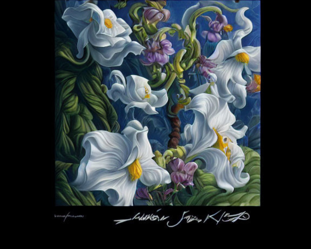 Surrealist painting featuring lilies with human-like features in green foliage on dark background