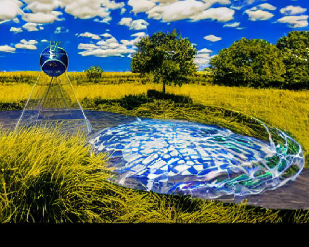 Colorful digital artwork: hourglass merging into water ripple on golden field backdrop