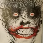 Person with smeared clown-like makeup in watercolor art