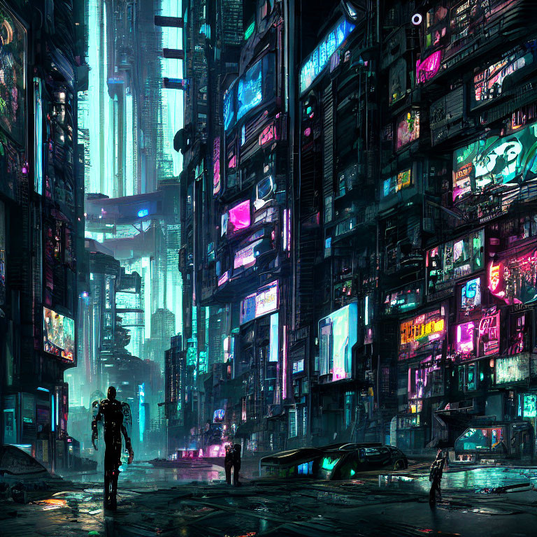 Neon-lit futuristic cityscape with figure at night
