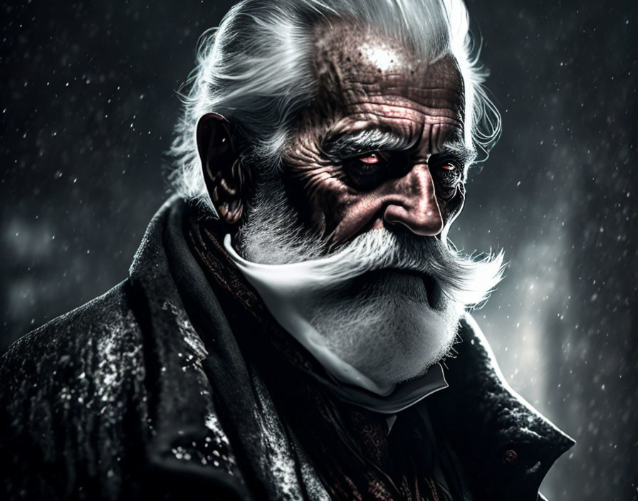 Elderly man with white beard and intense gaze in falling snow