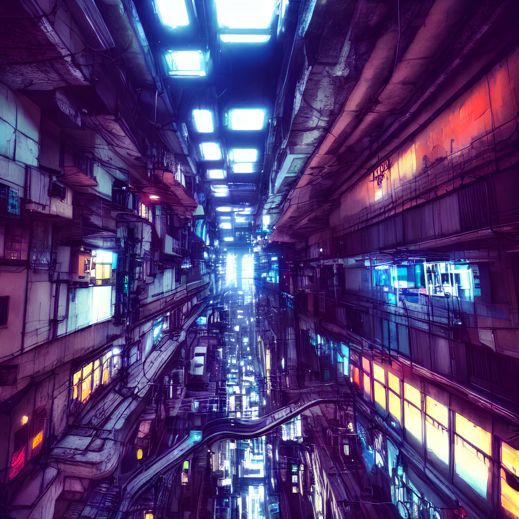 Densely packed cyberpunk alley with neon lights