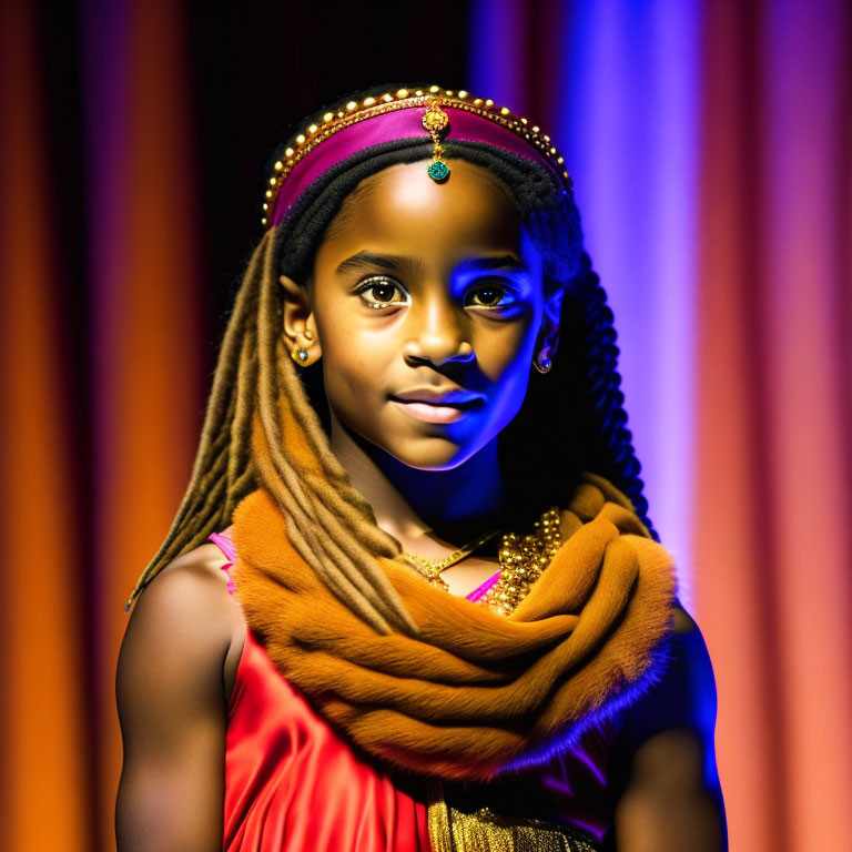 Young Girl in Red Dress with Braided Hair and Gold Jewelry on Warm-Toned Curtain Backdrop