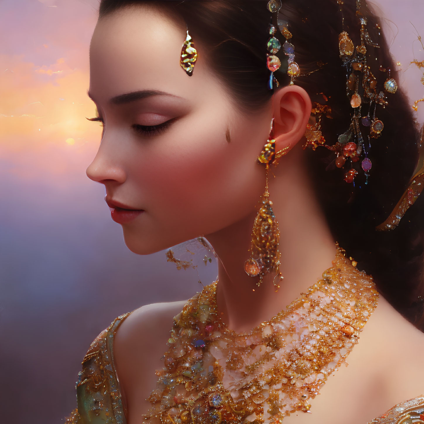 Woman adorned with ornate gold jewelry against warm, sunset-like backdrop