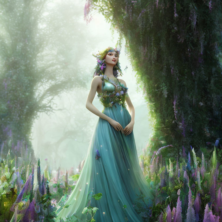 Woman in floral gown in mystical forest with hanging vines and colorful flowers