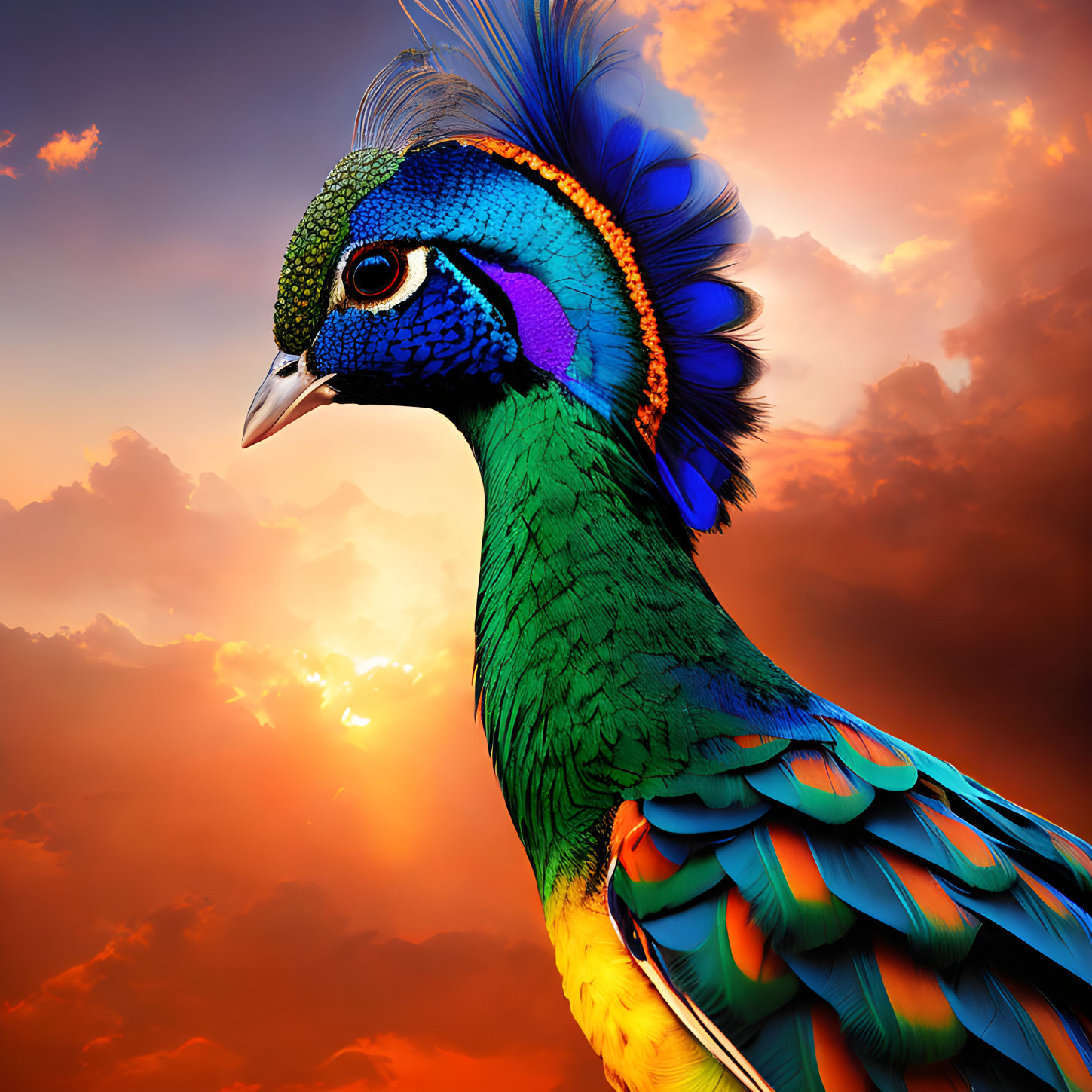 Colorful Peacock with Blue and Green Feathers in Orange Sunset Sky