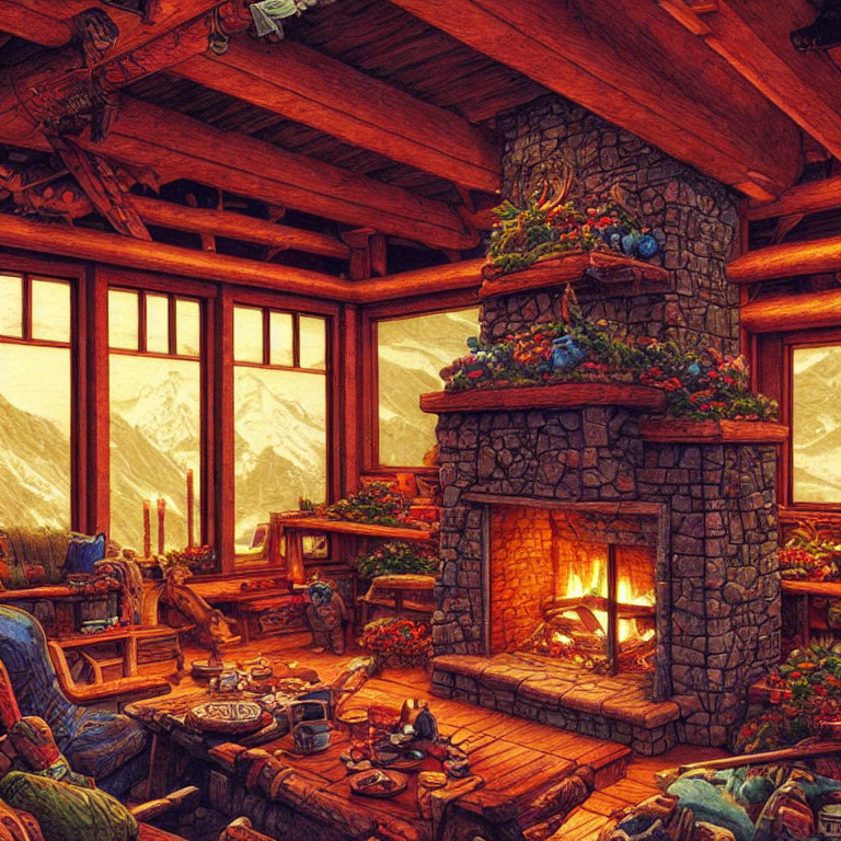 Cozy Mountain Cabin Interior with Fireplace and Snowy Peaks View