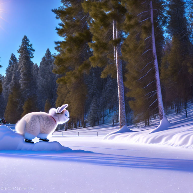 White Rabbit in Snowy Winter Forest with Pine Trees at Twilight