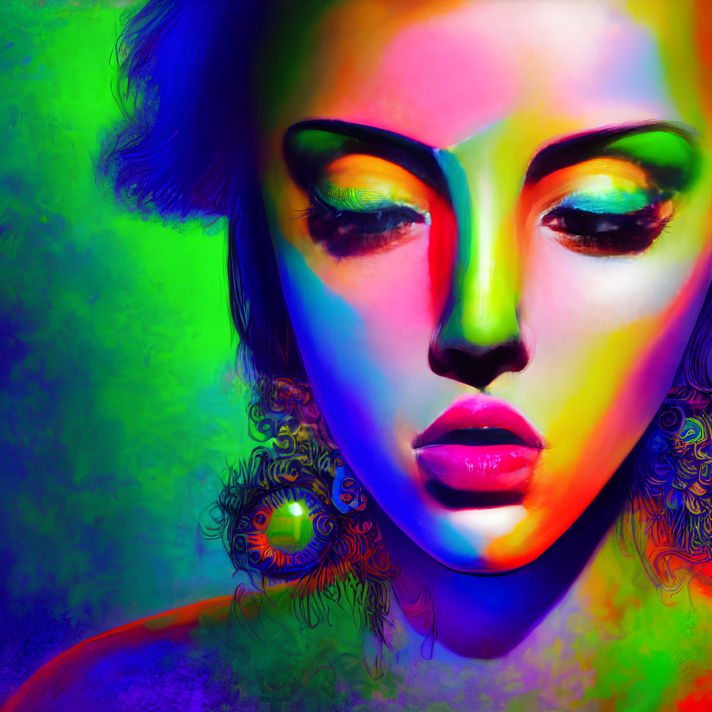 Colorful digital artwork of woman's face with neon colors and peacock feather earrings