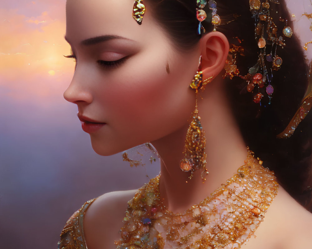 Woman adorned with ornate gold jewelry against warm, sunset-like backdrop