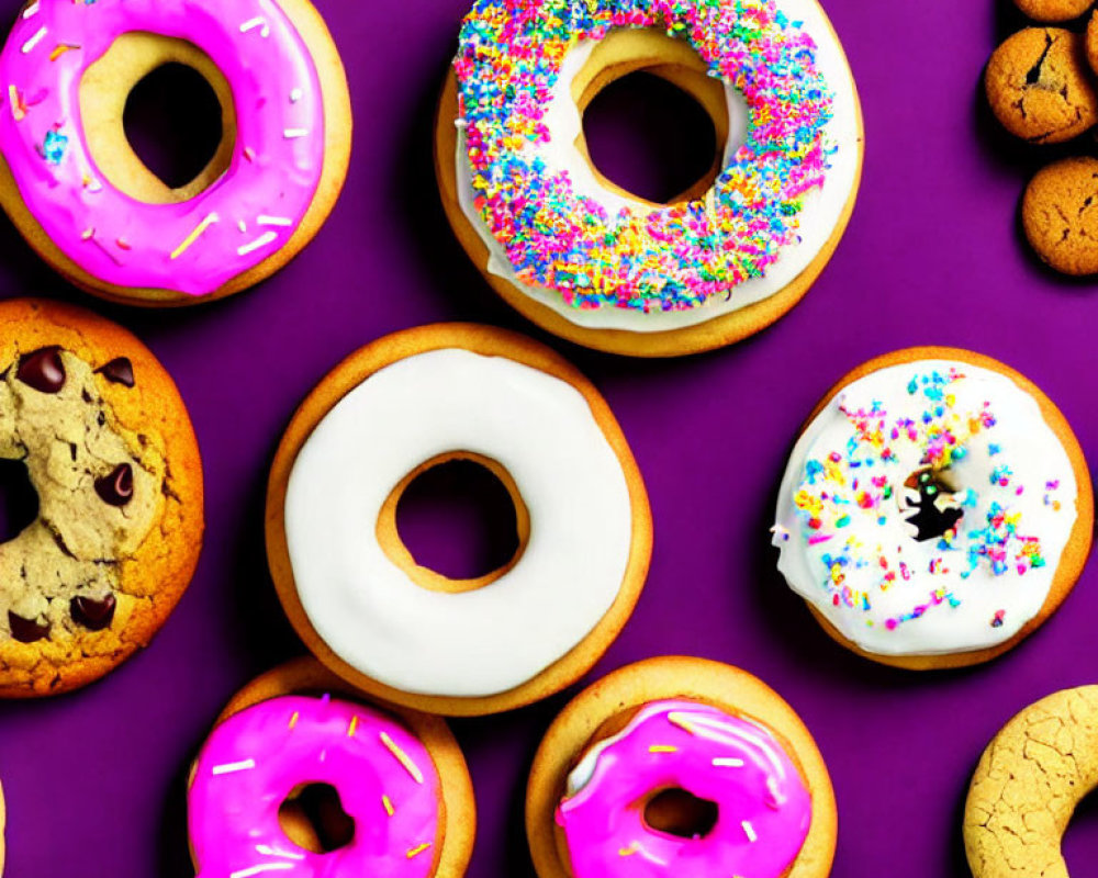 Assorted Doughnuts and Cookies on Purple Background