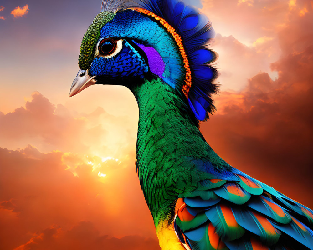 Colorful Peacock with Blue and Green Feathers in Orange Sunset Sky