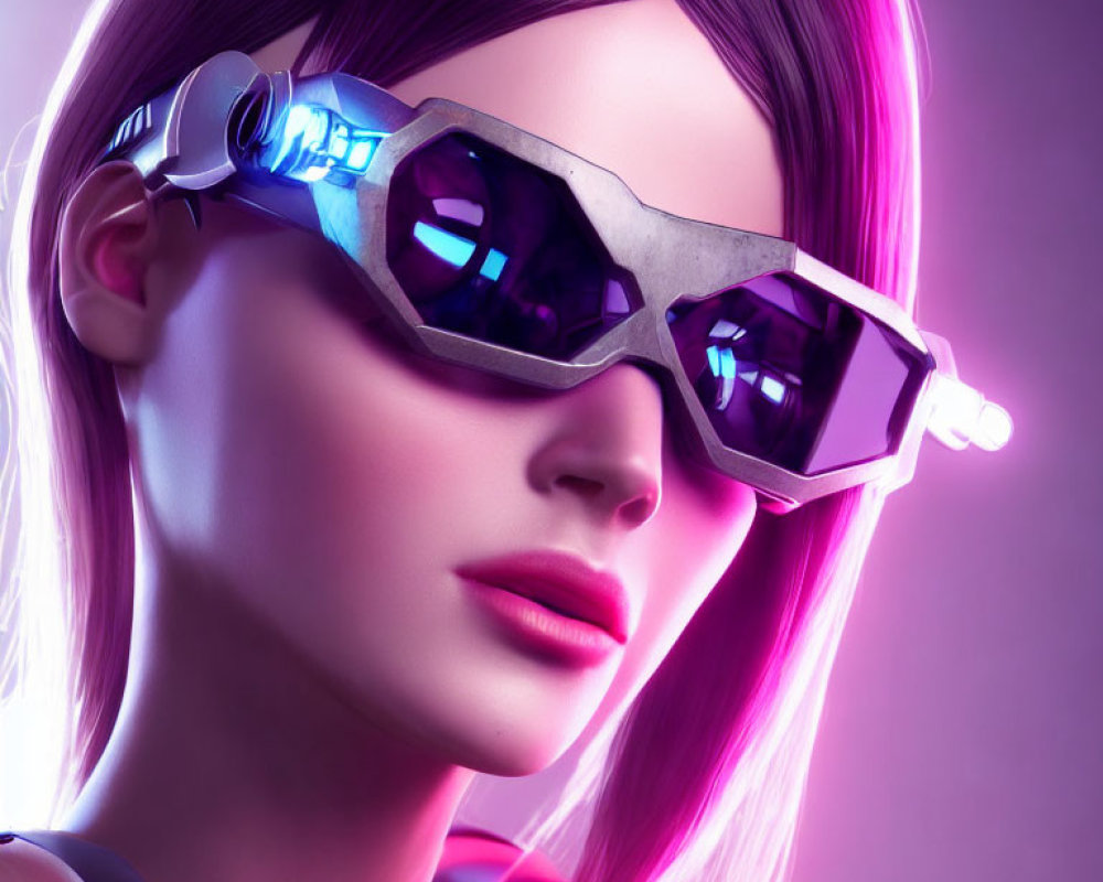 Digital illustration: Woman with pink-purple hair in futuristic sunglasses on neon background