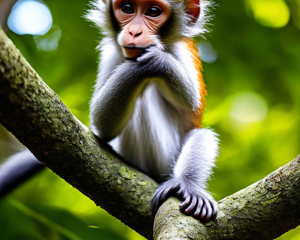 Young Monkey with Orange and White Fur Sitting on Tree Branch in Lush Green Foliage