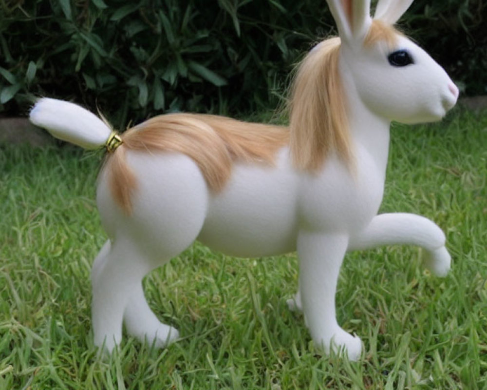 Hybrid Rabbit-Horse Toy with Rabbit Head and Horse Body on Grass Background