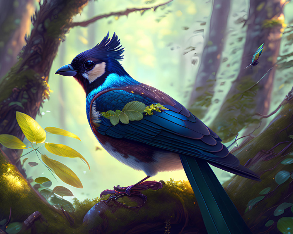 Colorful Bird in Sunlit Forest with Flying Insect