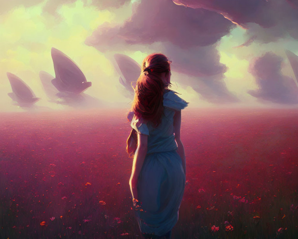 Woman in Blue Dress Watches Spaceships in Blooming Meadow