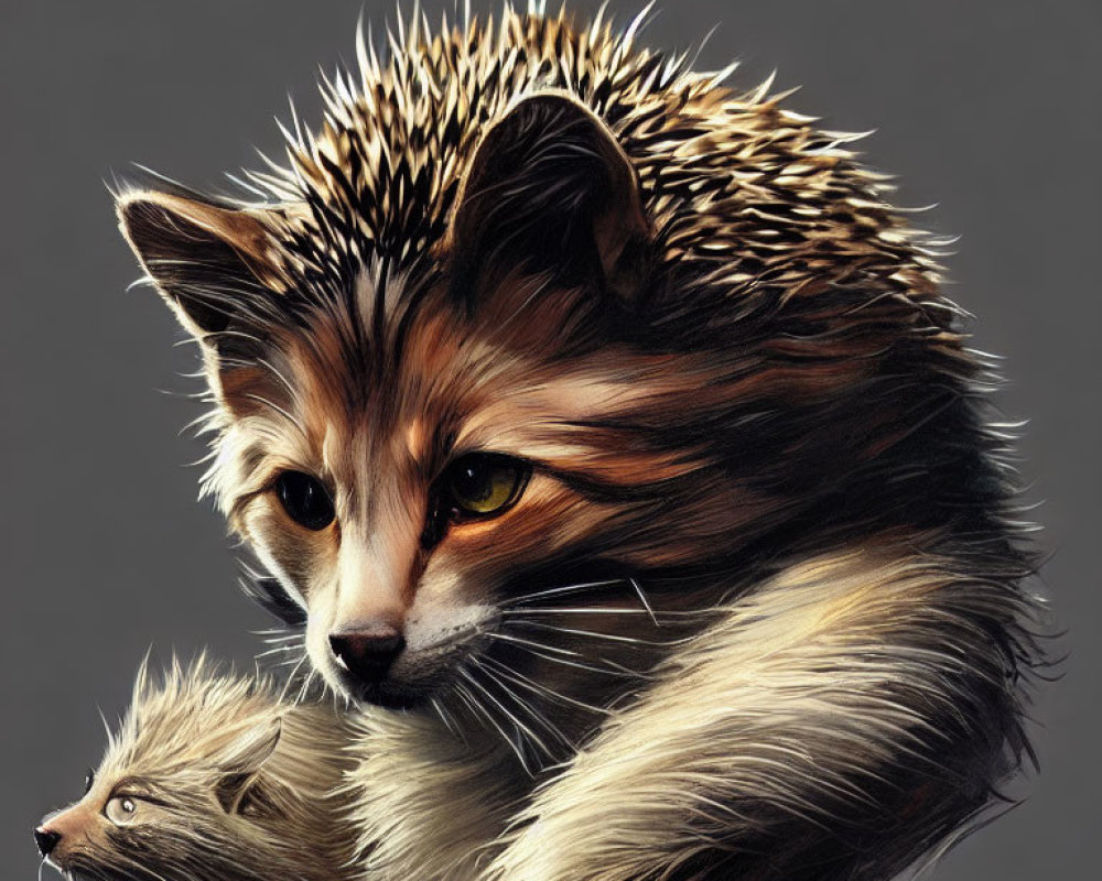 Detailed Illustration of Fox with Vibrant Eyes and Lush Fur Next to Smaller Creature