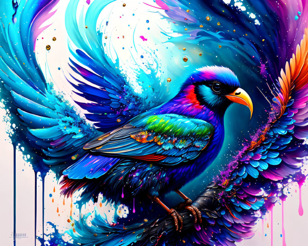 Colorful Bird Artwork with Swirling Blues, Purples, and Orange Hues