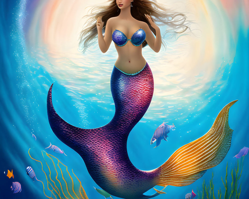 Colorful Mermaid Swimming Among Fish in Dreamlike Underwater Scene