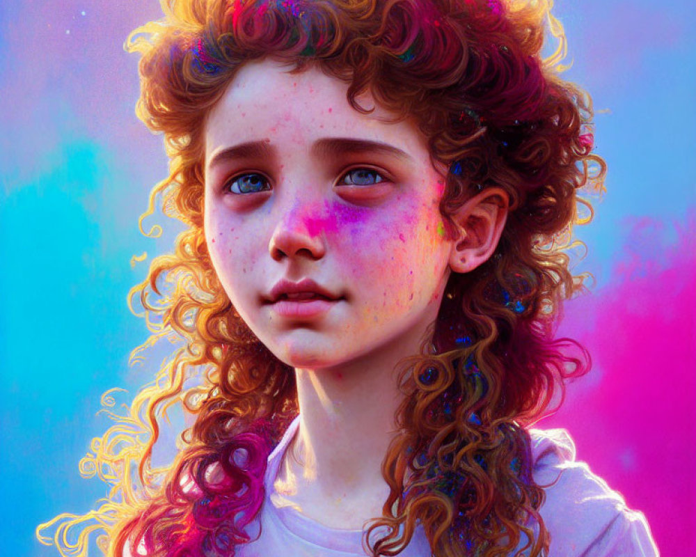 Colorful digital portrait of girl with curly hair in paint splattered shirt against blue and purple backdrop