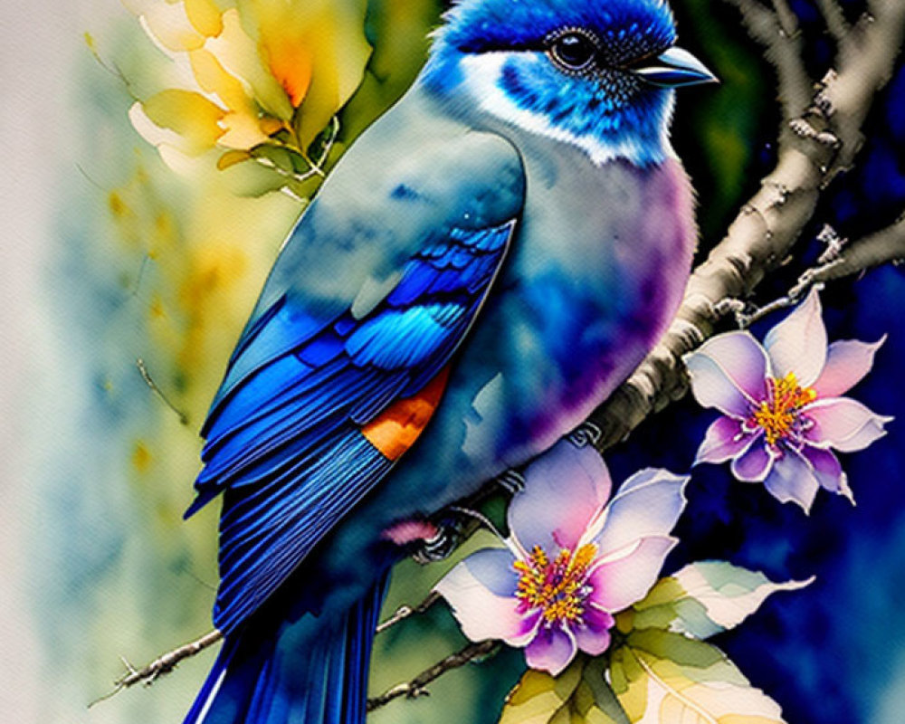 Colorful Bird Painting on Branch with Blossoms