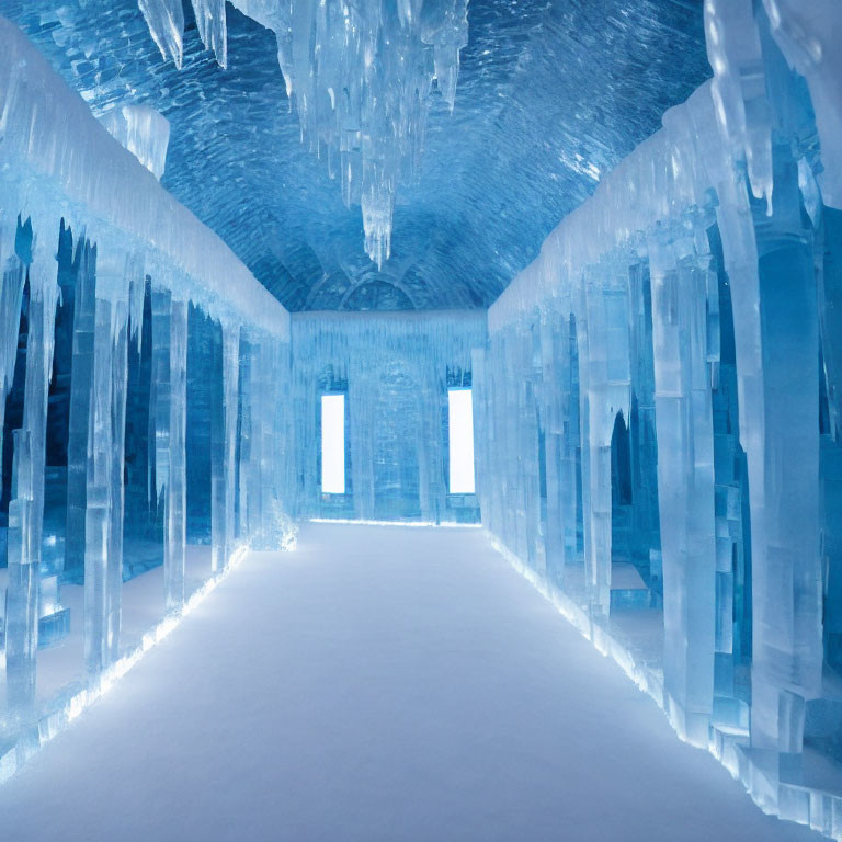 Blue ice cave with translucent icicles and vertical ice slabs