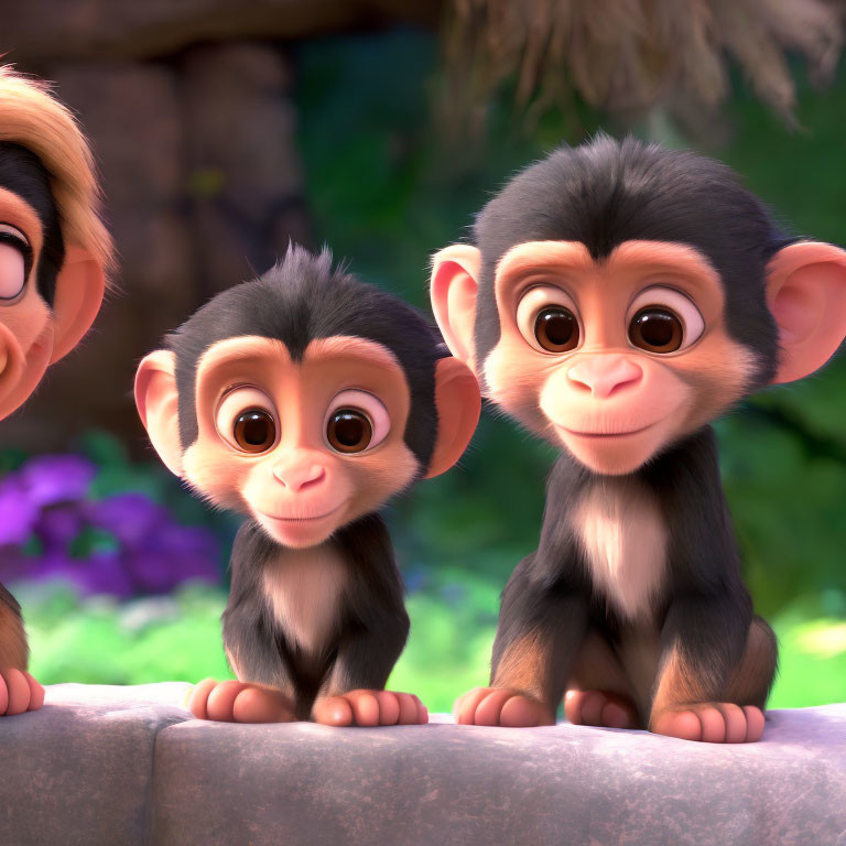 Three animated monkeys on a rock with expressive eyes and human-like features in a nature setting.