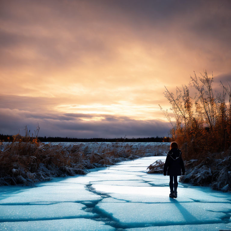 Child walking on cracked icy path in frozen landscape under dramatic sunset sky.