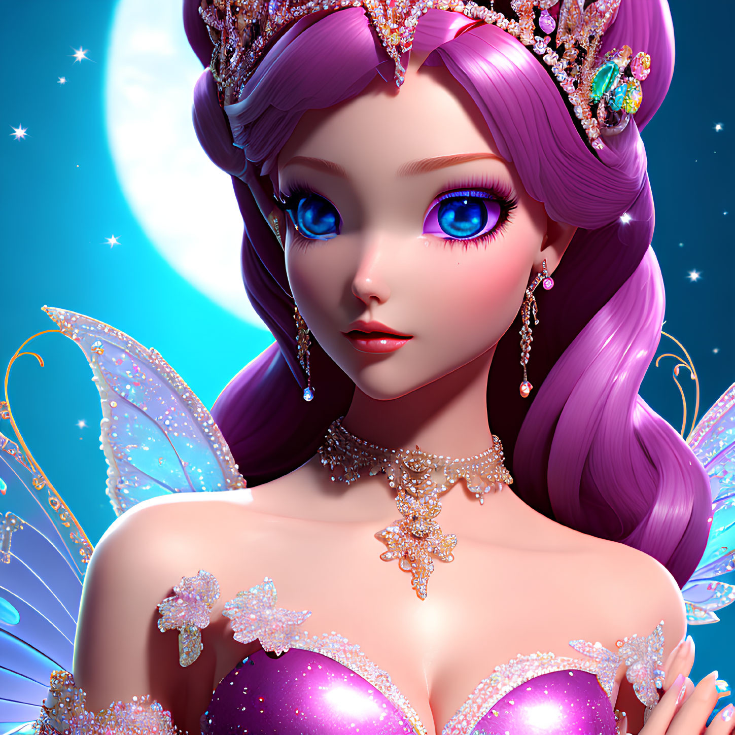 Fantasy fairy with violet hair and jeweled crown in moonlit setting