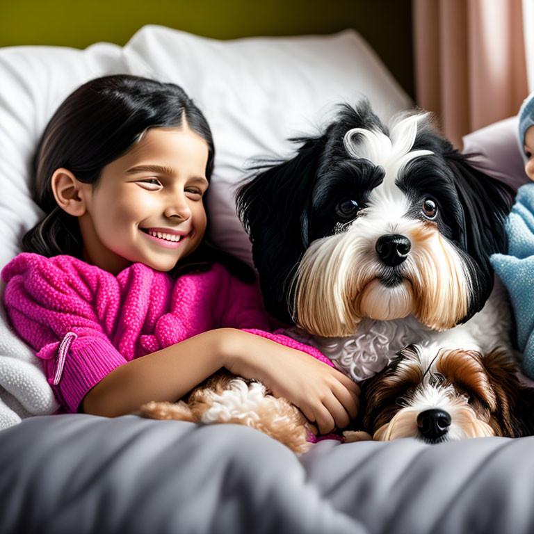 Young girl cuddles with two adorable dogs in bed