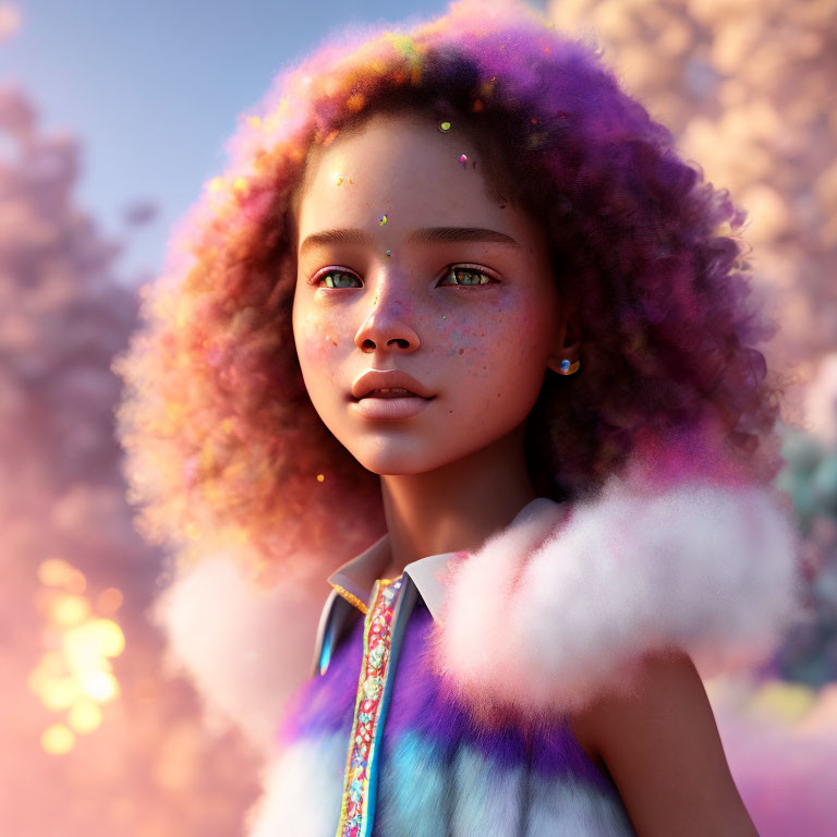 Young girl with curly hair and freckles in dreamy cloud setting