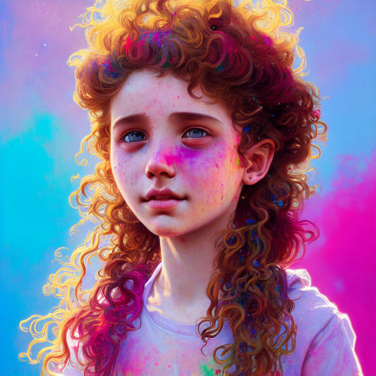 Colorful digital portrait of girl with curly hair in paint splattered shirt against blue and purple backdrop