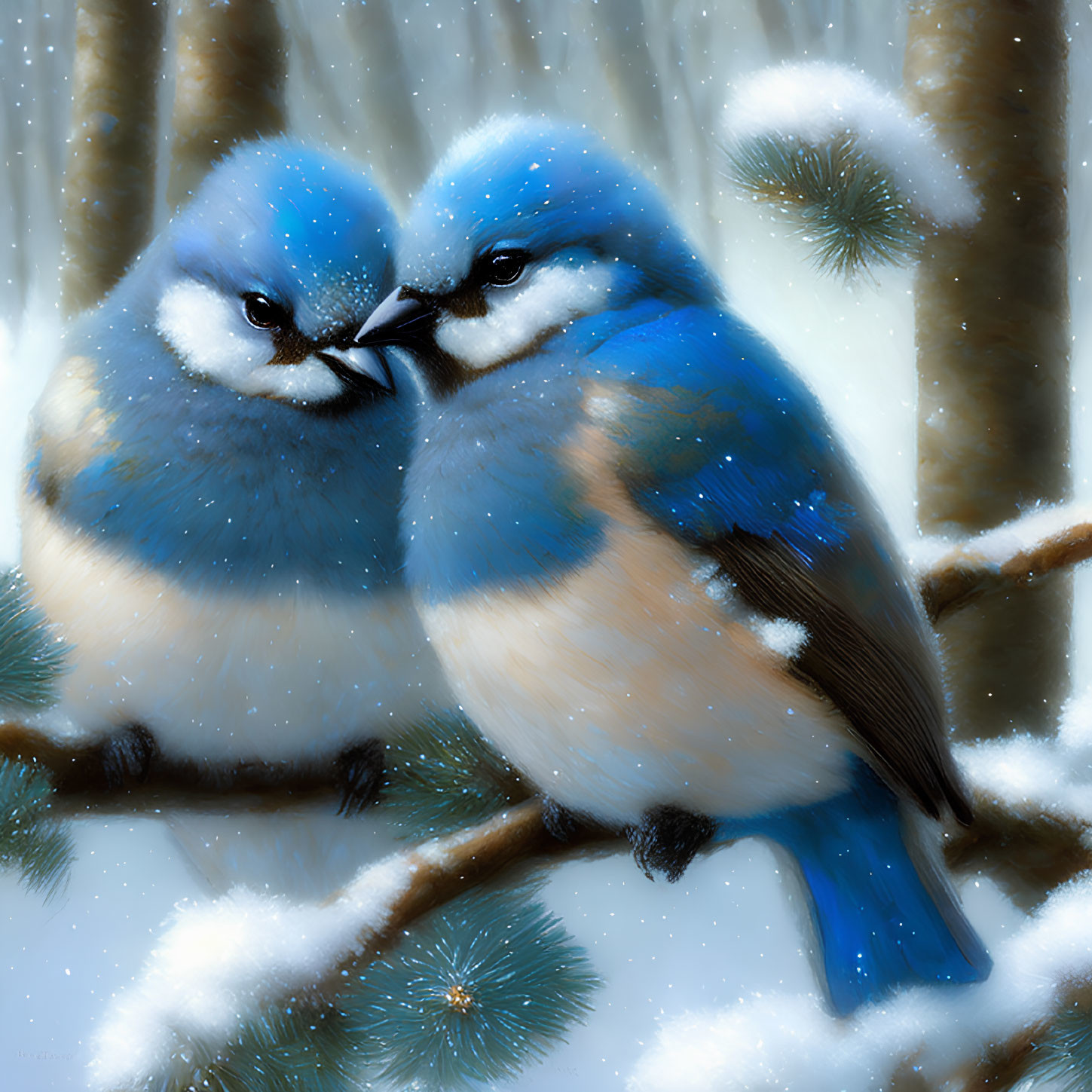 Vibrant blue and orange birds on snowy branch in wintry forest