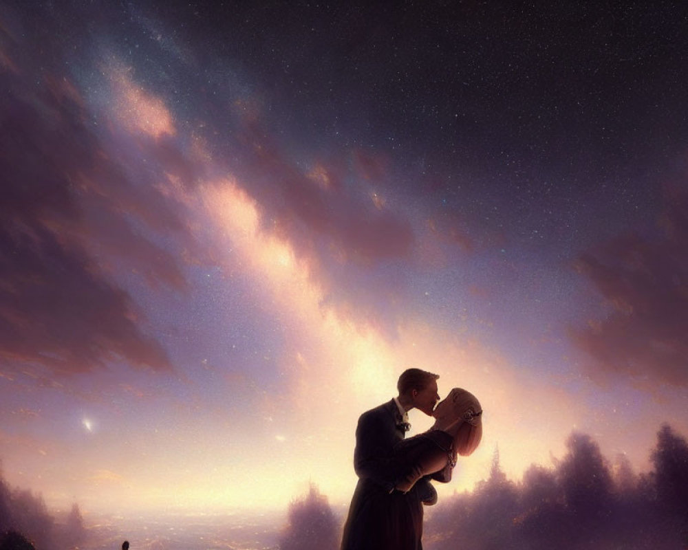 Romantic couple kissing under purple and orange starry sky by forest.