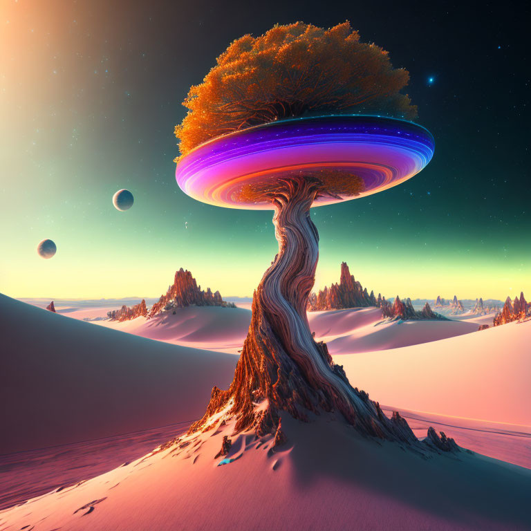 Gigantic tree with UFO-like canopy in desert twilight sky