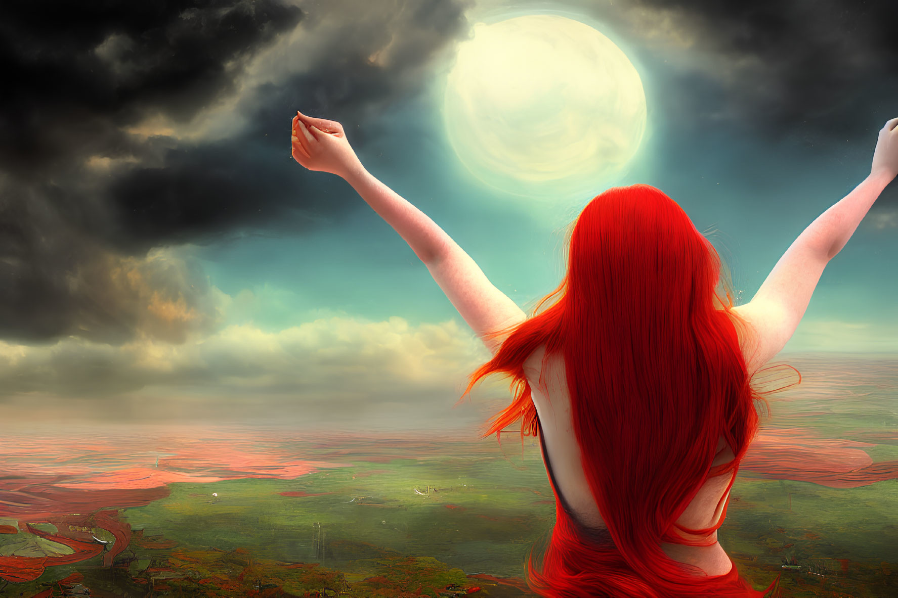Vibrant red-haired person under stormy sky with bright moon in dramatic landscape