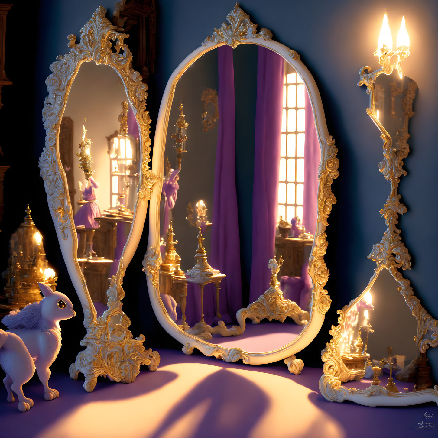 Golden-framed mirror reflecting opulent room with purple drapes and unicorn figure