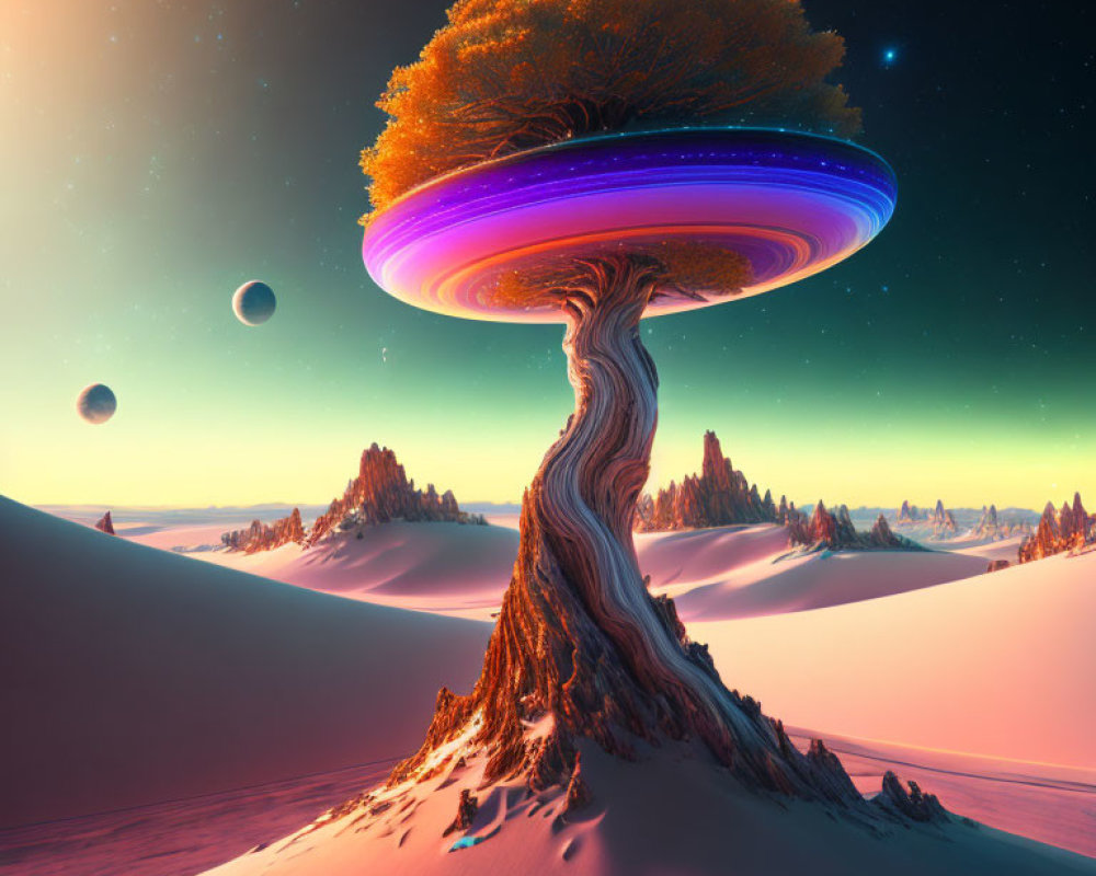 Gigantic tree with UFO-like canopy in desert twilight sky