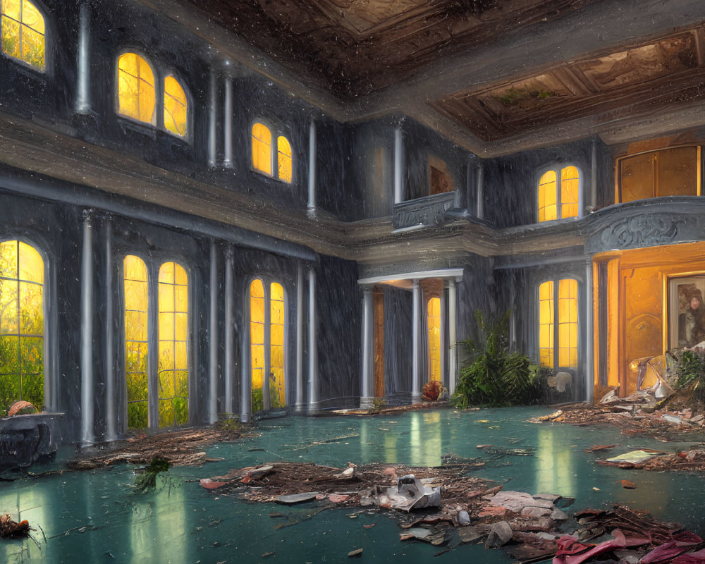 Dilapidated grand room with tall windows and ceiling art
